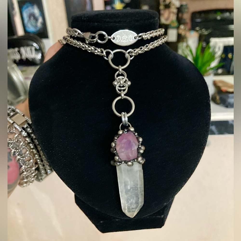 crystal quartz & amethyst gem stainless steel maille celtic lariat Y necklace. - Picture 14 of 15